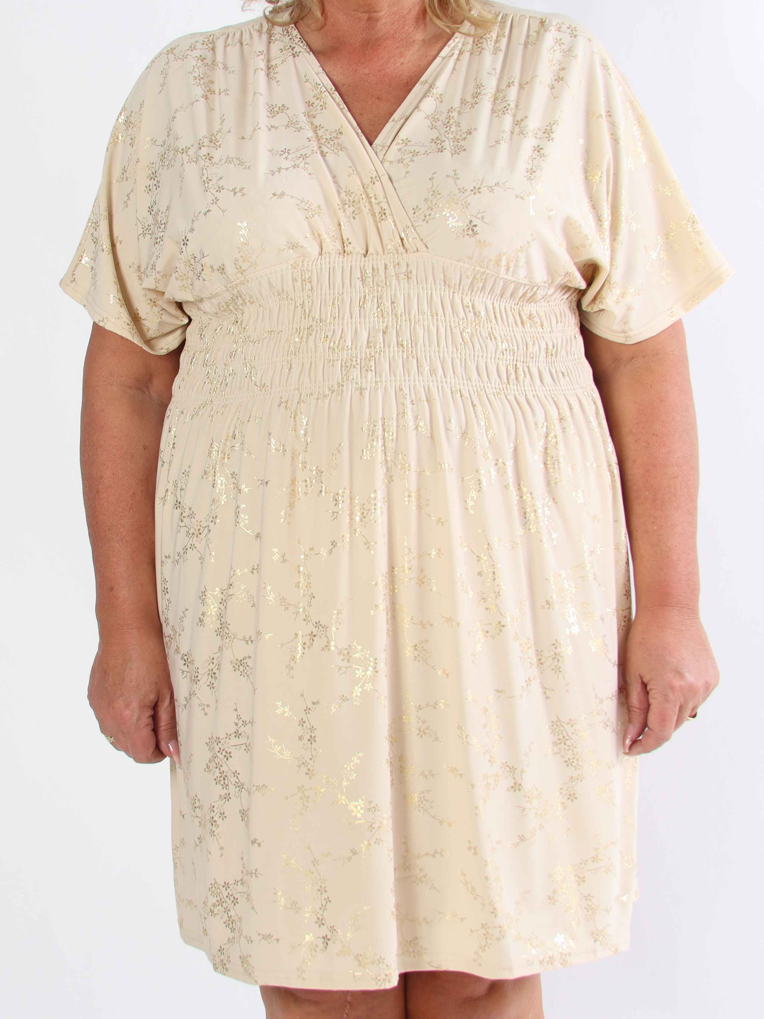 Pams Gold Short - Elastisk plus size kjole detaljeret med guld blomster
